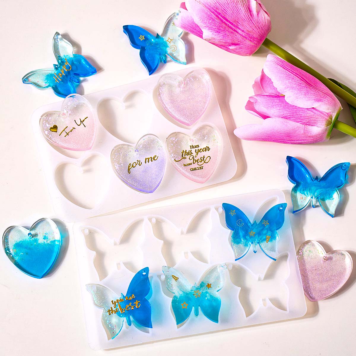 Jewelry Making Mold - แม่พิมพ์ซิลิโคนรูปหัวใจผีเสื้อแบบหกหลุมสำหรับทำต่างหูเรซิ่นอีพ็อกซี่ DIY จี้พวงกุญแจ งานฝีมือเครื่องประดับ