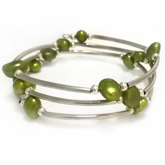 Memory Wire Bracelet - ขายส่ง 20 นิ้ว 8-9 มม.สีเขียวมะกอกธรรมชาติ Baroque