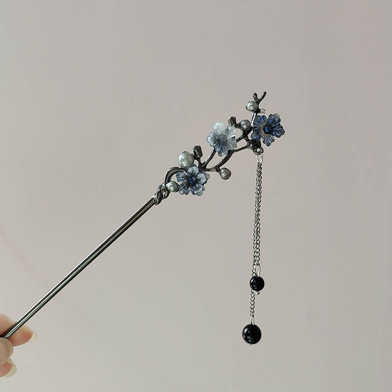 Jewelry Making For Adults - กิ๊บติดผมแบบคลาสสิก ลายดอกไม้สีหมึก ประดับพู่โลหะ สำหรับผู้หญิง ประดับมุกสีดำ ลูกปัด